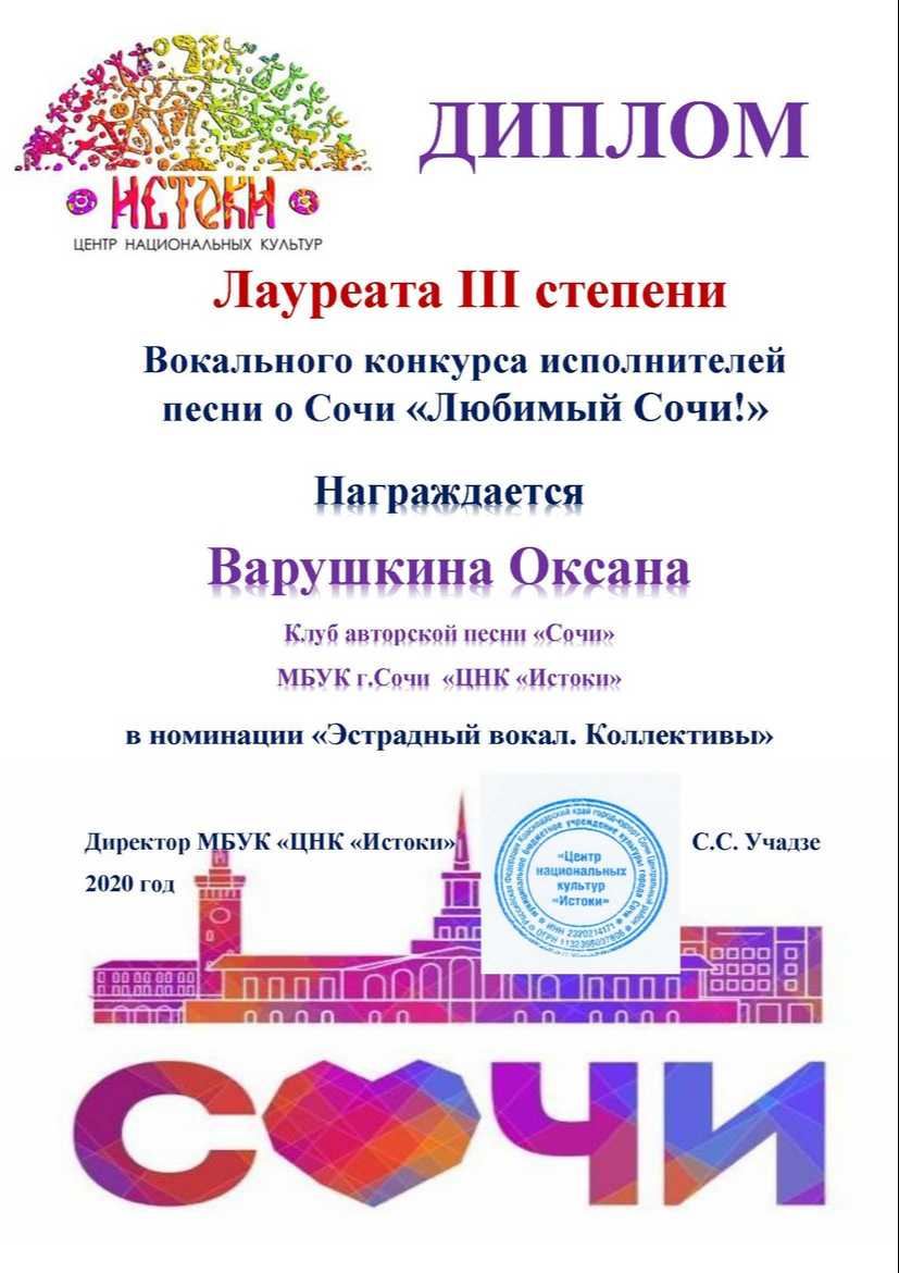 2020, Варушкина Оксана. Конкурс «Любимый Сочи!», лауреат III степени